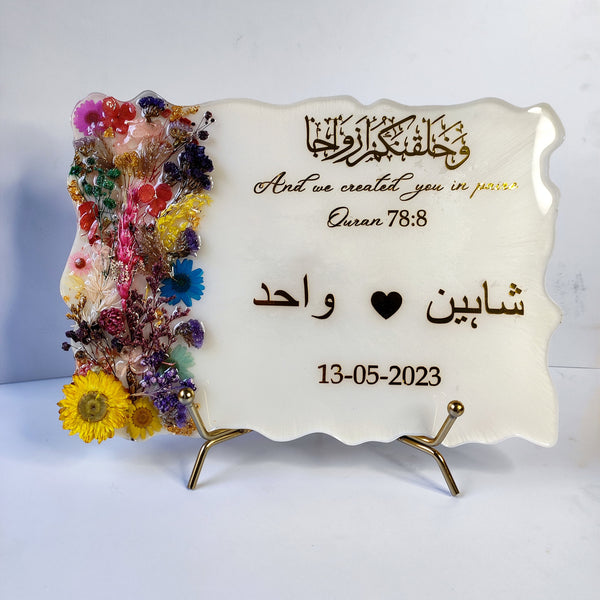 Buy / Order Luxurious nikah frames with multicolour real dried flowers online in India. And get delivered pan India near me. Order all resin and acrylic handmade art pieces from https://www.thewalloffaith.com/ the official website of wall of faith. You can gift this unique frame to couple as a wedding gift, marriage gift, engagement gift, nikkah favour, room decor, table decor. best save the date frame.