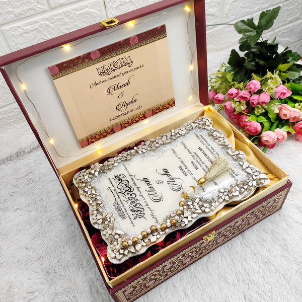 Buy / order premium resin invitation frame combo online in India. And get delivered pan India near me. Order all resin and acrylic handmade art pieces from https://www.thewalloffaith.com/ the official website of wall of faith. It is used to send invitation of marriage to bride side or groom side. Most luxurious resin invitation frame combo is our one of the bestseller product. It comes with royal resin invitation frame, chocolates, jelly, dryfruits,light,box,decorations.