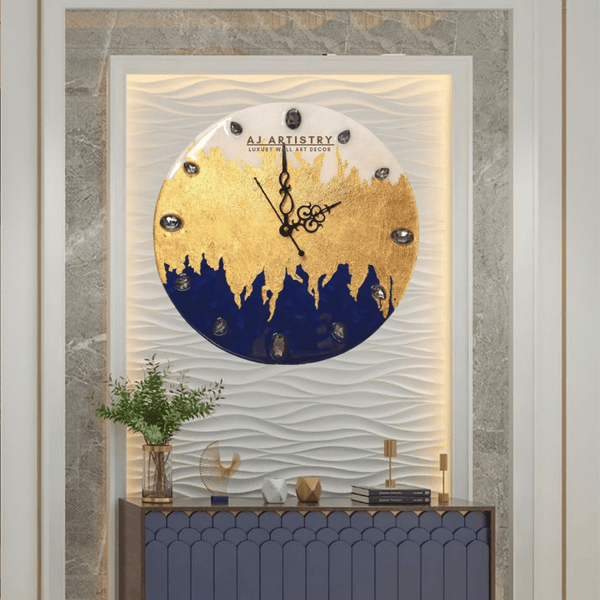 Buy / Order white and blue resin wall clock with touch of gold online in India. And get delivered pan India near me. Order all resin and acrylic handmade art pieces from https://www.thewalloffaith.com/ the official website of wall of faith. Best for hall, living room, prayer room, dining room, kitchen, bed room, kids room, office, showrooms, work place, shops. Best for gifting at the time of new home opening, showroom opening, shop opening