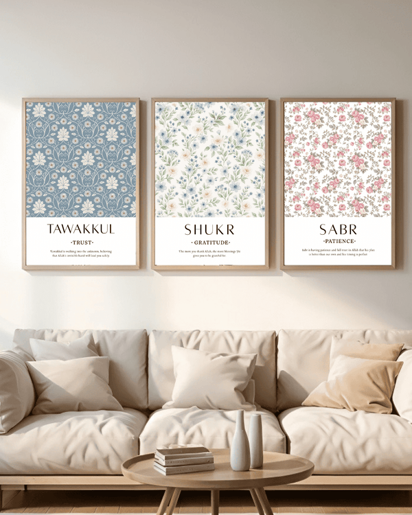 Islamic wall frame with Tawakkul, Shukr, and Sabr Arabic calligraphy

Elegant Islamic calligraphy wall art for Muslim home decor