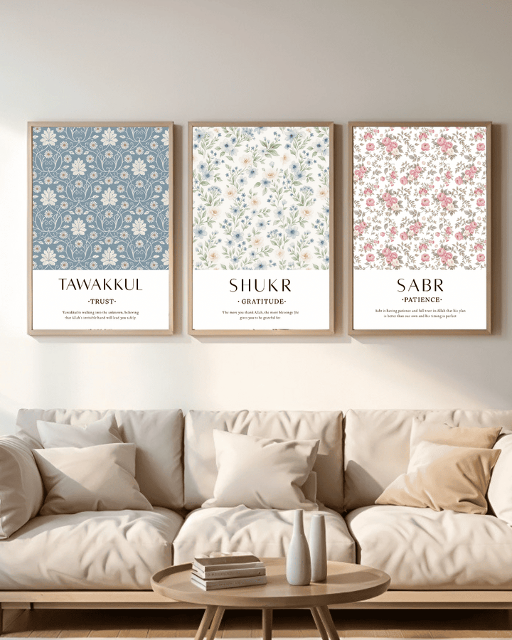 Islamic wall frame with Tawakkul, Shukr, and Sabr Arabic calligraphy

Elegant Islamic calligraphy wall art for Muslim home decor